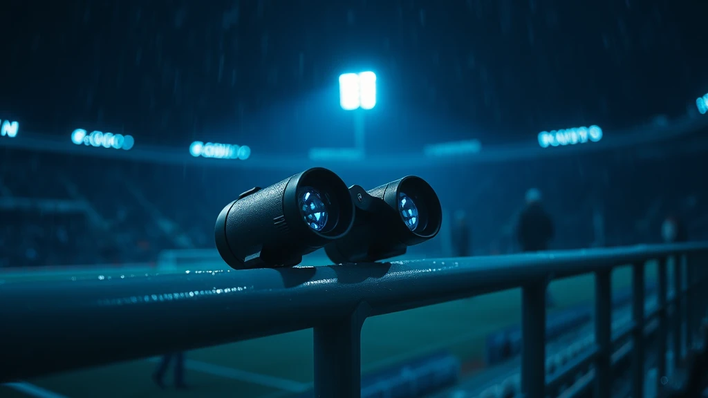 Binoculars on a wet railing above a dark pitch