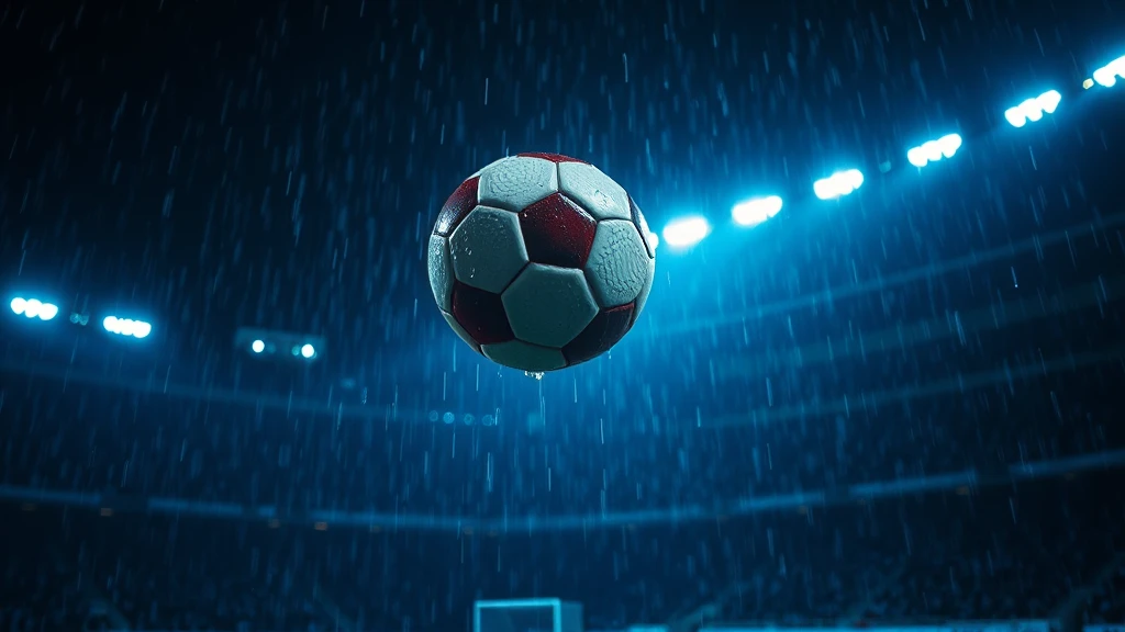 A ball hanging in mid-air above the penalty spot in fine rain