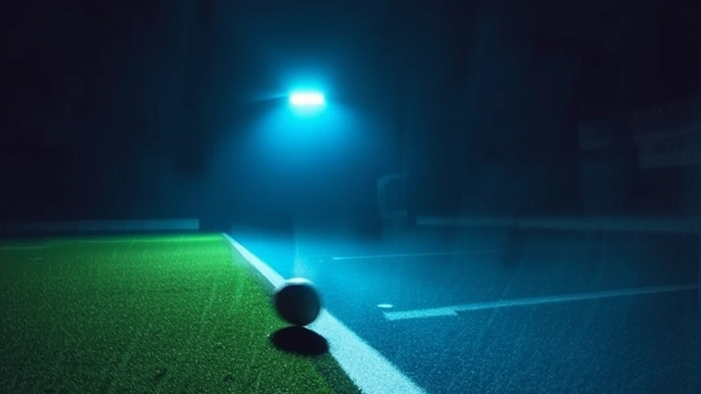 A ball rolling along a touchline with a long shadow