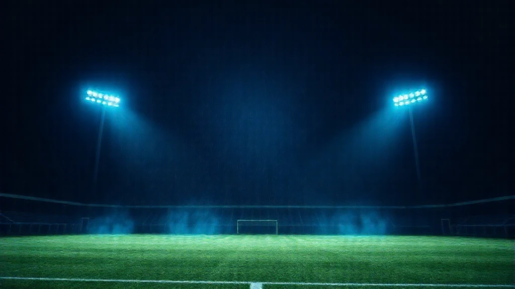 Two floodlight beams crossing over a dark pitch