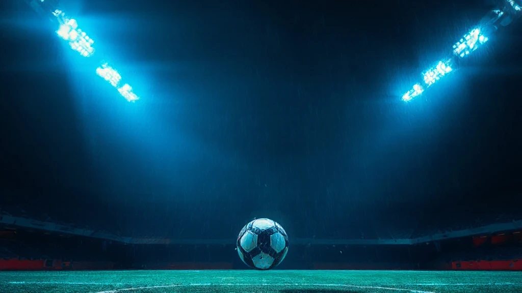 An empty floodlit pitch at night with a ball on the penalty spot