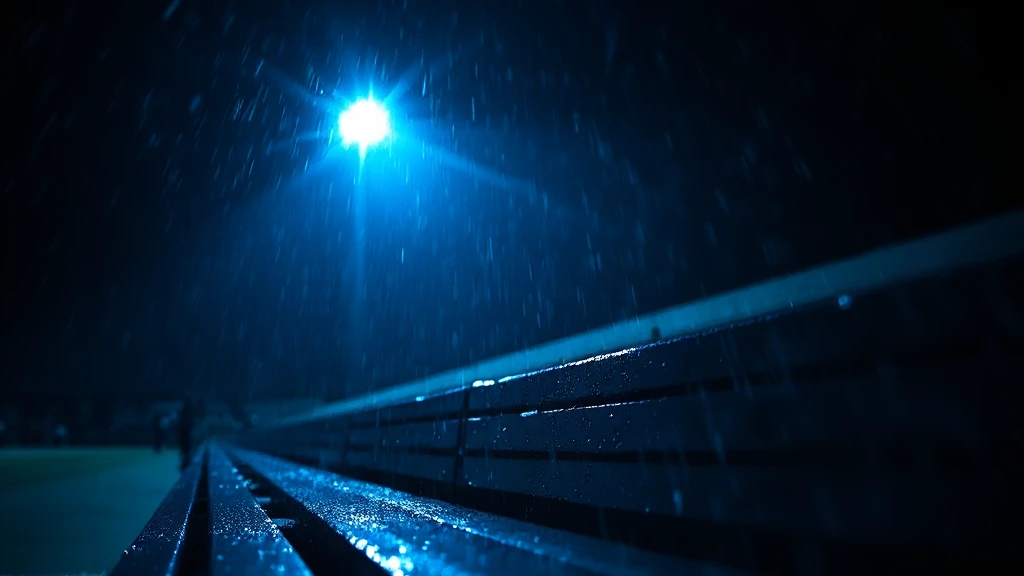 An empty dugout bench in driving rain