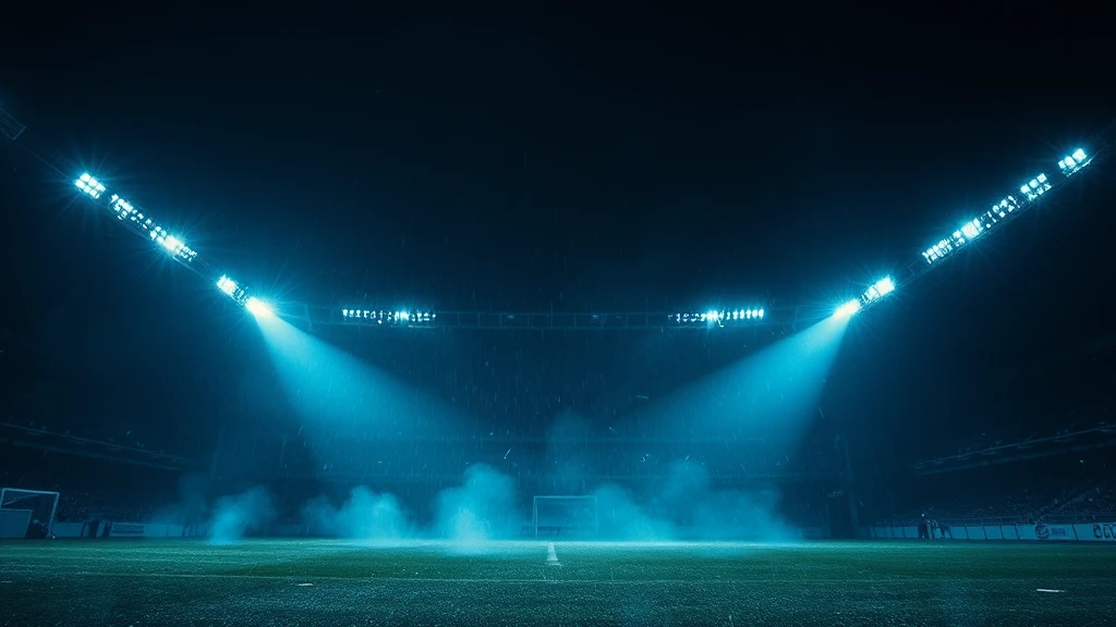 Two floodlight beams crossing over a dark pitch