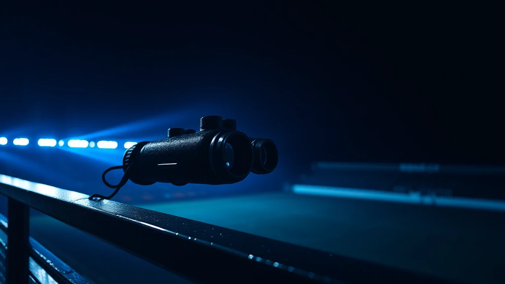 Binoculars on a wet rail above a dark pitch